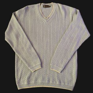 Vintage 1980s Grayson XL Wool Golf V-Neck Cable Knit Blue Mens Sweater Preppy
